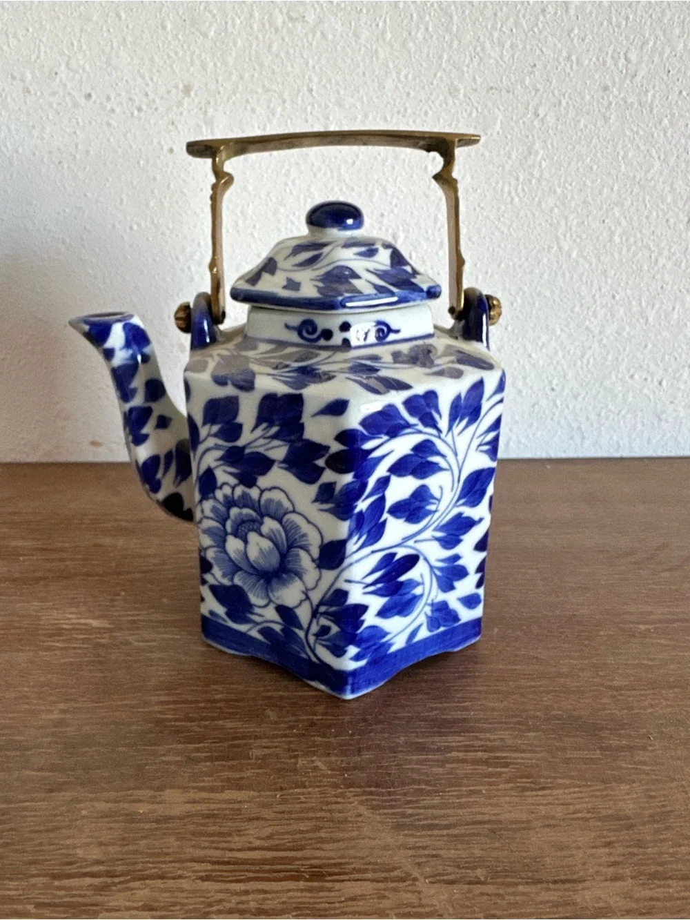 FLORENCE Blue and White Floral Ceramic Teapot with Brass Handle